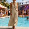 Summer Maxi Dresses for Women Casual Sleeveless V Neck Beach Sundress Loose Button Tank Dress with Pockets