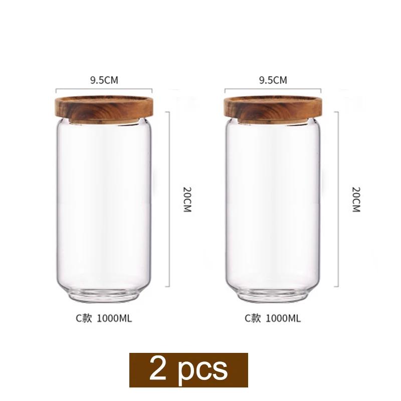 Wood Lid Glass Airtight Canister Kitchen Storage Bottles Jar Sealed Food Container Tea Coffee Beans Grains Candy Jars Containers