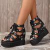 Women's Floral Vintage Sandals, Back Zipper Platform Hollow Lace Up Shoes, Summer Breathable Wedge Holiday Shoes