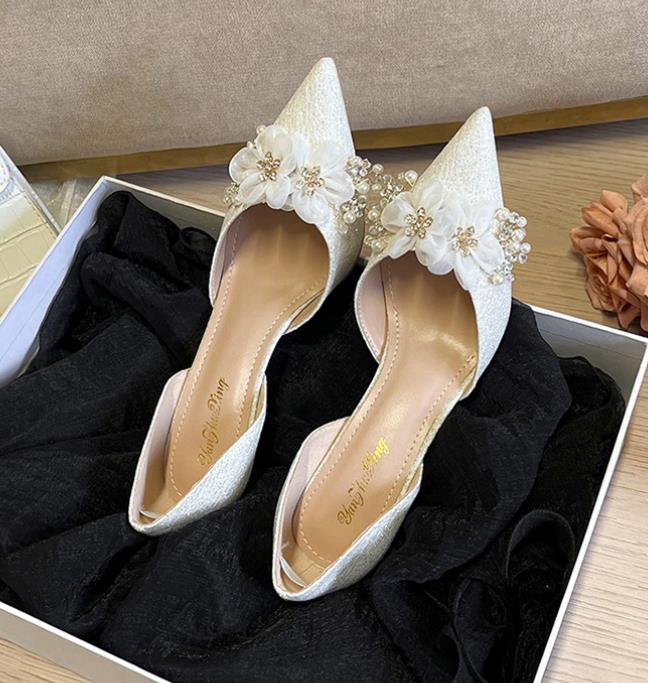 6cm 8cm 10cm Sexy Pointed Toe Crystal Floral White Wedding Shoes Women Pumps 2025 Spring Thin High Heels Shoes Dress Party Model