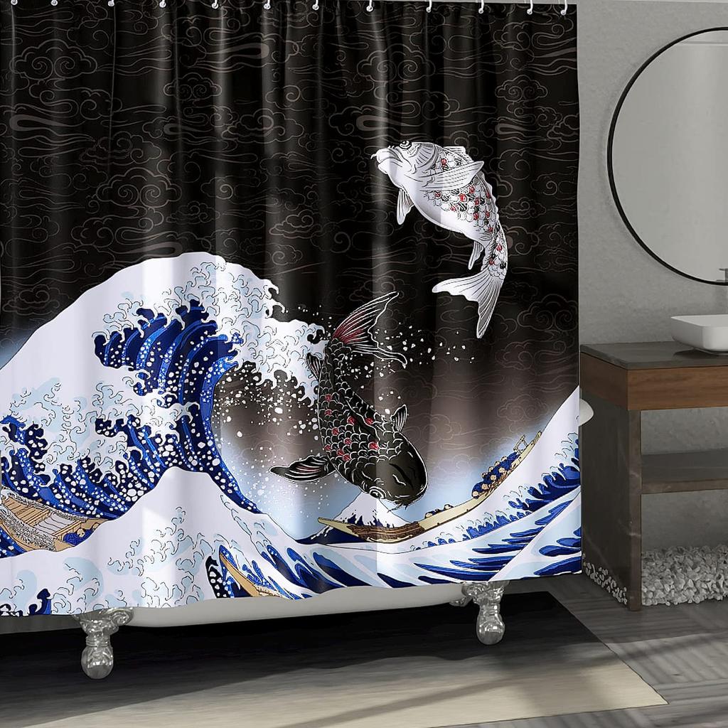 Japanese Waves Shower Curtain Cherry Blossom Pulm Flower Moon Koi Fish Kanagawa Waves Asian Romantic Fabric Bathroom Curtains