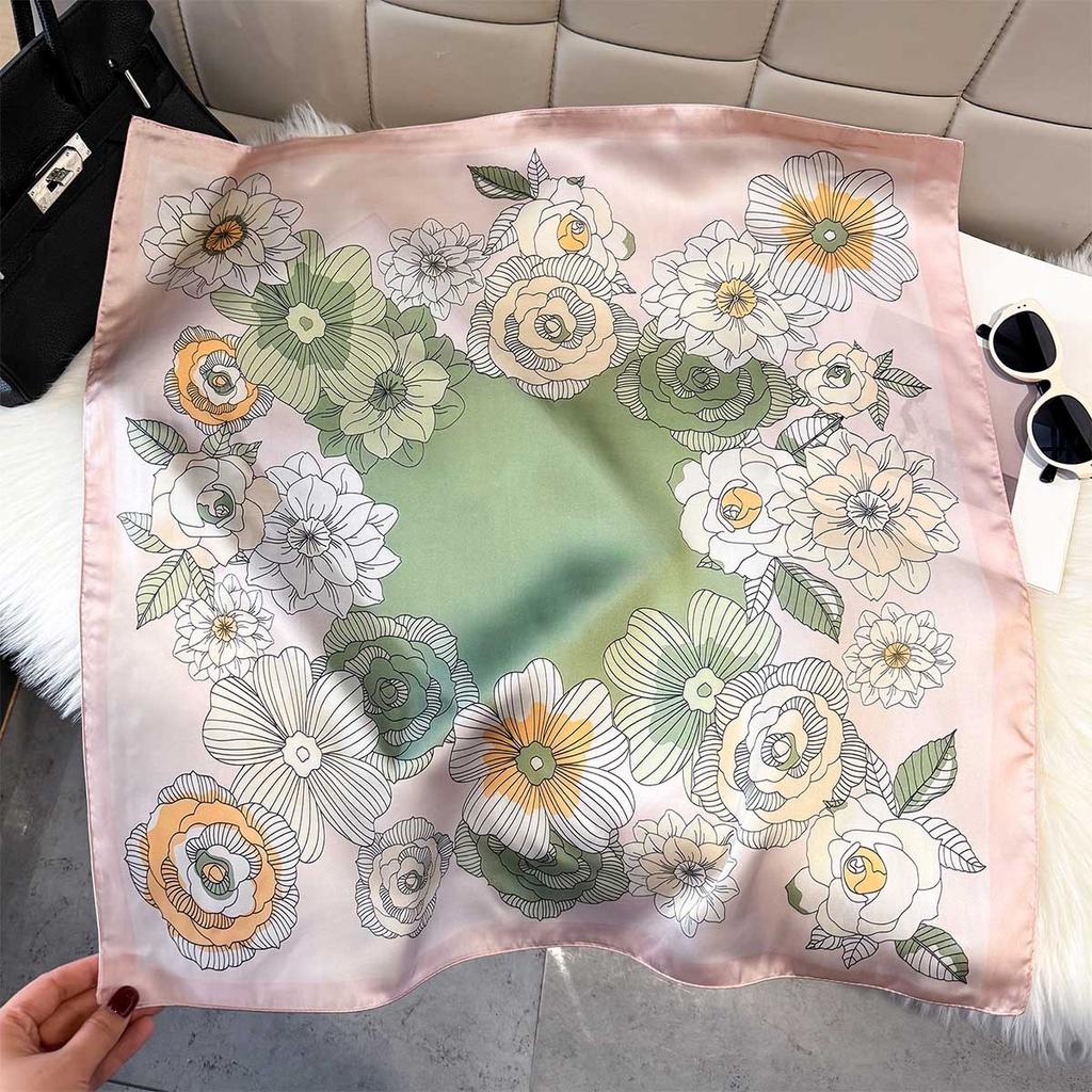 Elegant Floral Print Silk Square Scarf Women Neck Ties Suitable All Seasons Decorate Headscarf Lady Hijab Female Foulard Bandana