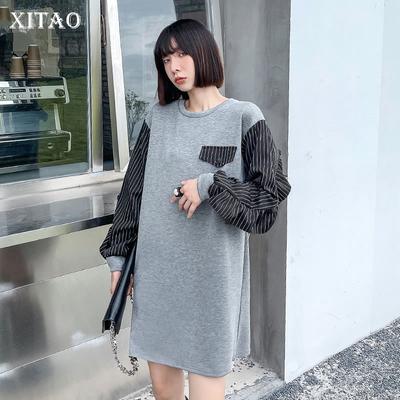 Casual Women Sweater Dress Autumn New Korea Patchwork Striped Pattern O- Neck Loose Mini Simplicity Fashion WMD3617