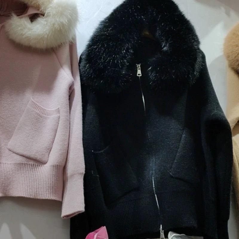 Autumn and Winter New Hooded Short Fashion Knitted Cardigan Small Imitation Fox Fur Collar Jacket Women's Sweater