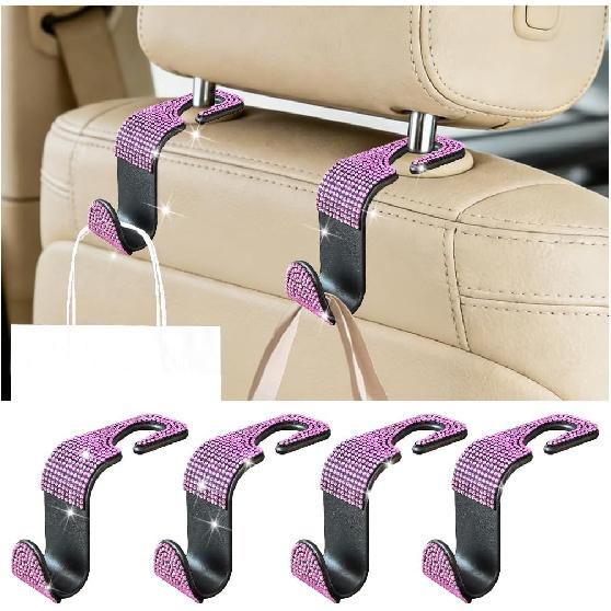 4PCS Bling Car Seat Headrest Hook, Crystal Rhinestone Backseat Hanger Organizer for Purse Handbag Umbrella, Shiny Auto Interior Seat Back Storage