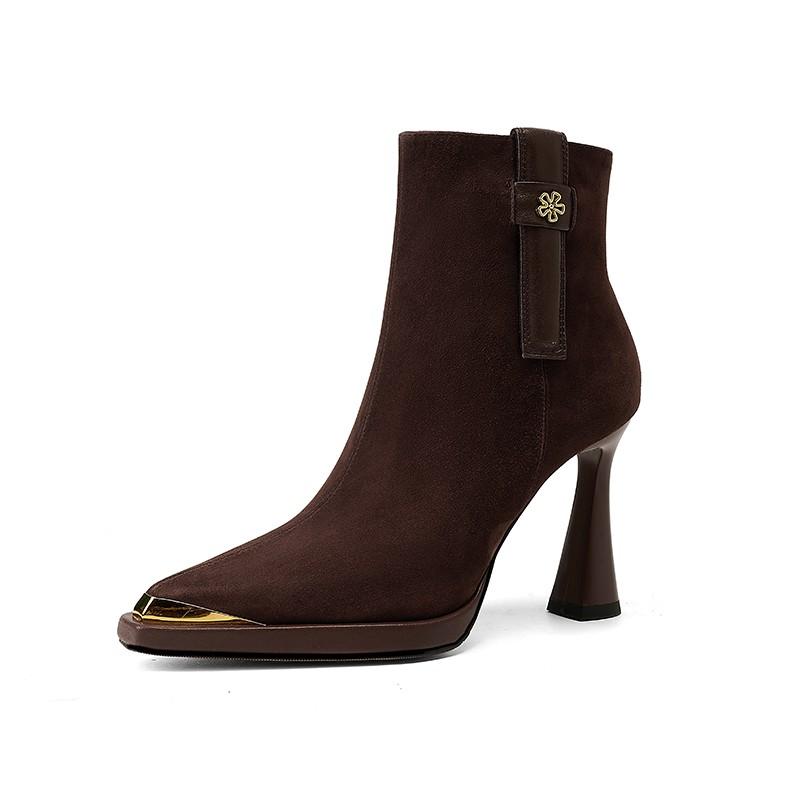 Fashion Women's Metal Pointed Toe Autumn and Winter Platform Soft Leather BootsFrench Retro Style High Heel Temperament Fashion Boots