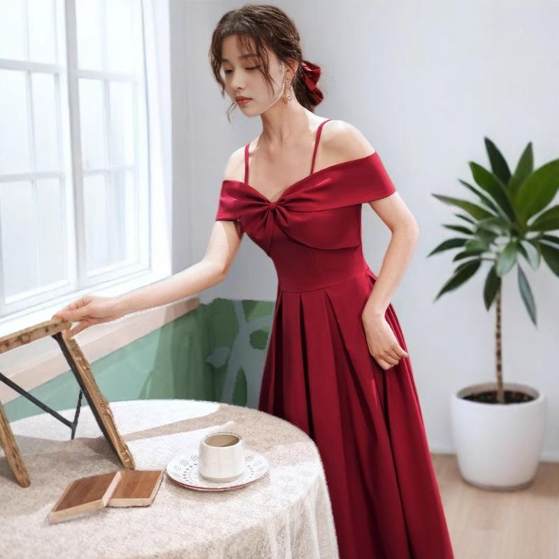 French Red Wedding Toast Bride Shoulder Suspender Engagement Dress Women Small Back Dress Women
