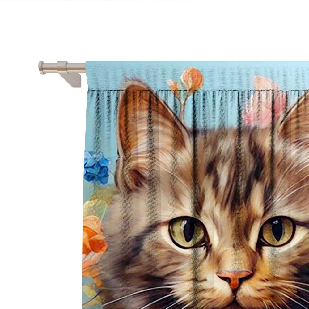 2PC Home Decoration Curtains, Cute Cat Background With Pole Pocket Curtains, Kitchen, Coffee Shop, Living Room, Balcony, Garden