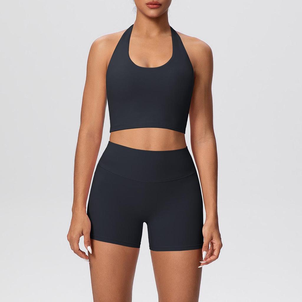 European & American Halter Sports Bra and High Waist Yoga Shorts Set for Women