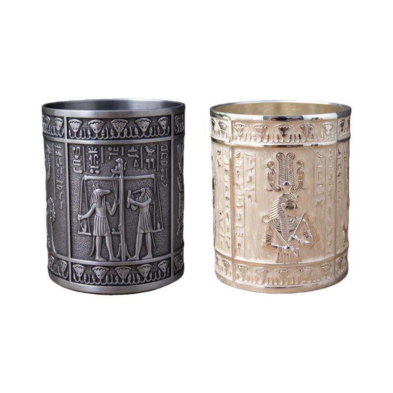 Retro Egyptian Embossed Pen Stand Cylinder Shape Alloy Pen Cup Desktop Organiser Storage Box for Office Desk Decoration