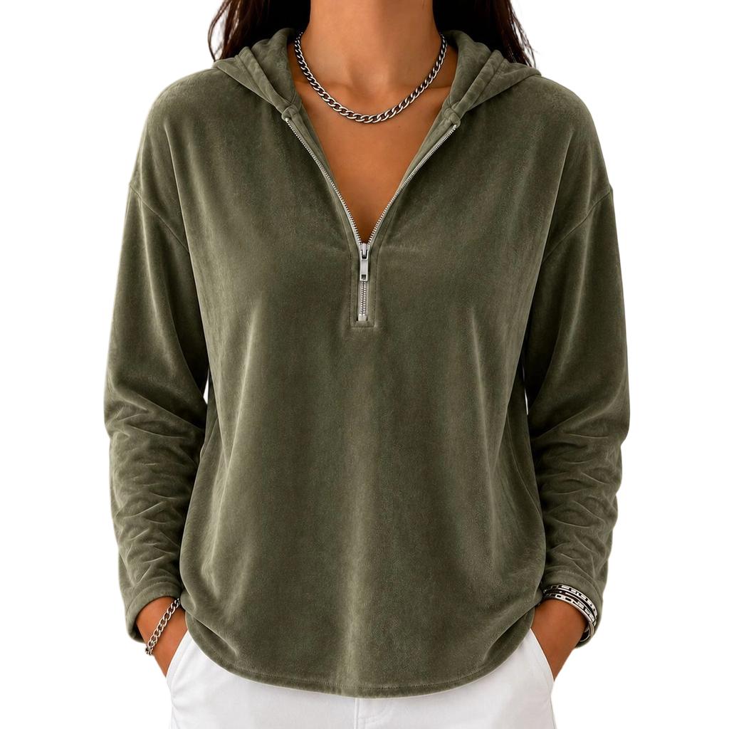 Damen Halbzip Velours Kapuzenpullover Lockerer Schnitt Lässiges Kapuzensweatshirt