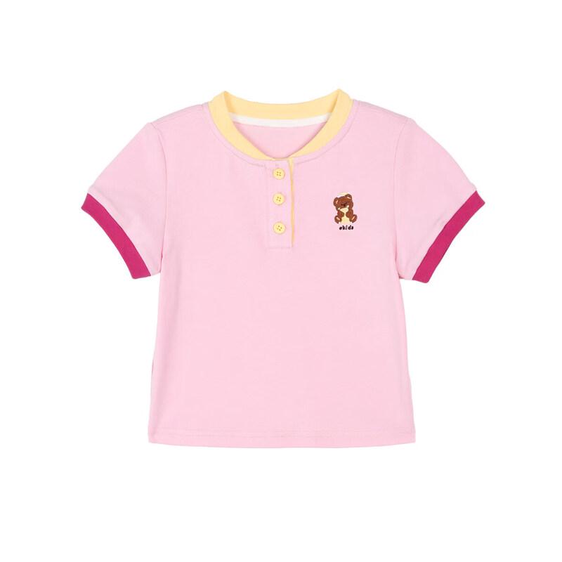 LUSON Girls' Summer Henry Collar Color-block Short Sleeve T-shirt