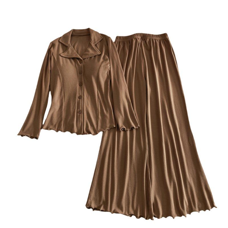 Women's Cotton Long Sleeve Two-Piece Pajamas with Chest Pads, Minimalist Style, Thickened for Spring/Winter.