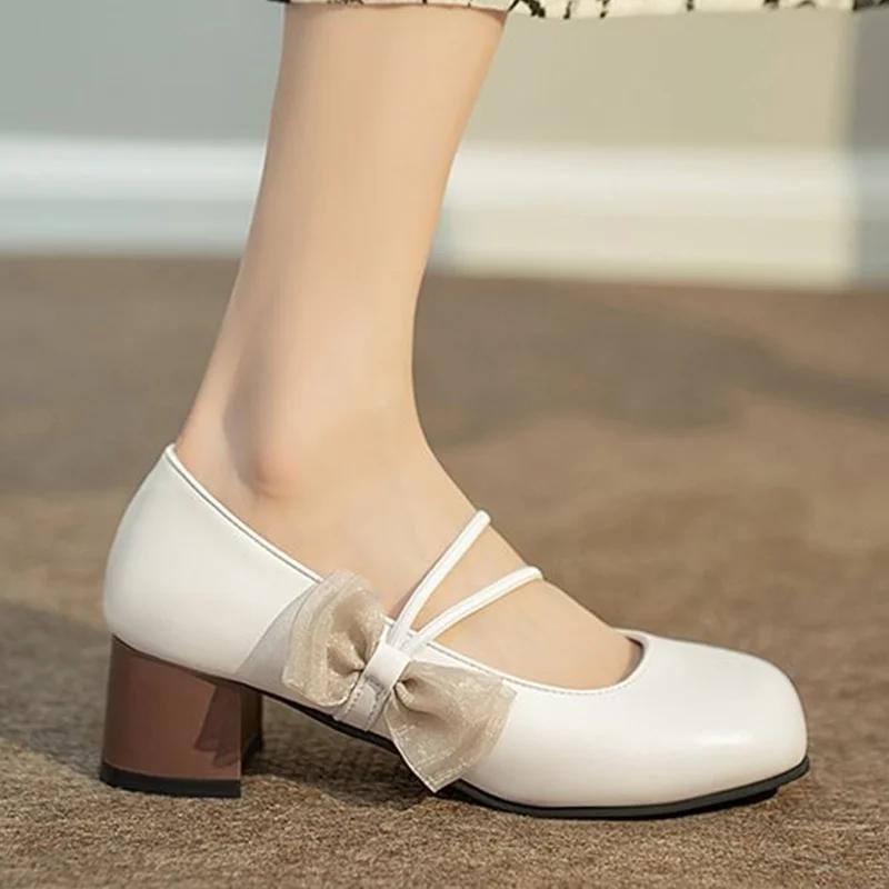 Fashion Square Toe Women Mary Janes Shoes Mid Heels Bow Elegant Woman Pumps 2025 Trend Brand Fashion Lolita Sandals Women’s Zapatillas