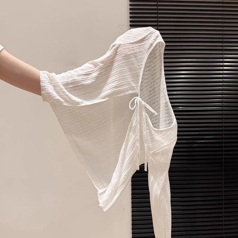 High-Quality White Thin Lace-Up Sun Protection Knit Cardigan - Women's Loose Short Top