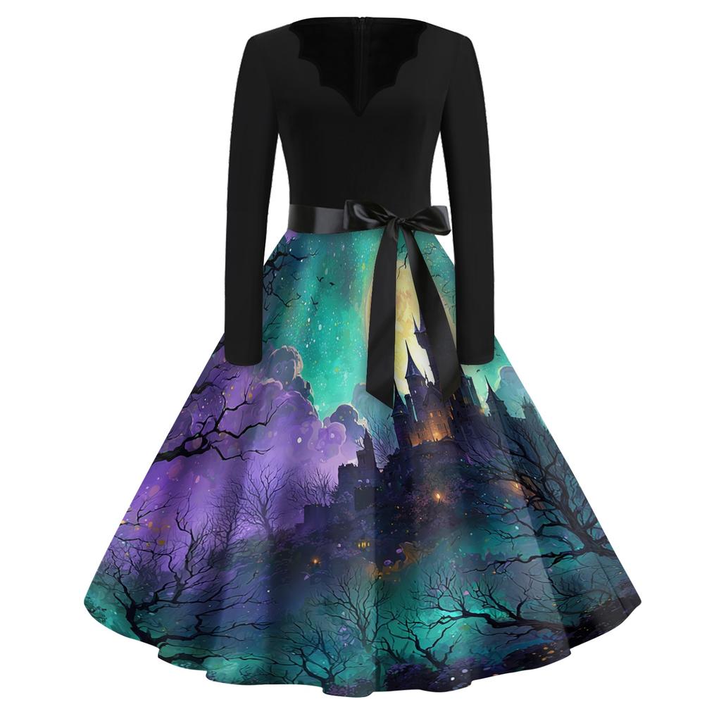 Women's Vintage V Neck Dress Long Sleeve Casual Halloween Print Retro Style Fit and Flare Midi Dress with Waist Tie and Floral Skeleton Cat Pattern