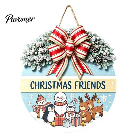 Indoor Outdoor Porch Ornament Christmas Wooden Welcome Sign for Front Door, Round Hanging with Handmade Craft Artificial Pine Branches & Bow