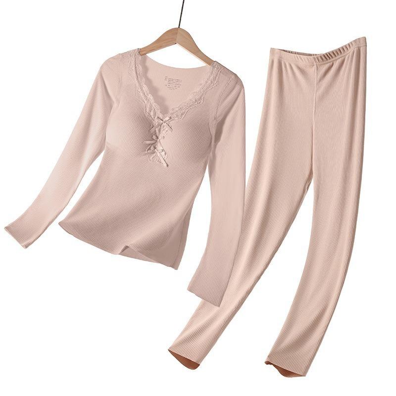 Women Thickened Fleece Thermal Underwear Set With Built In Chest Pad Slim Long Sleeve Top And Long Pants