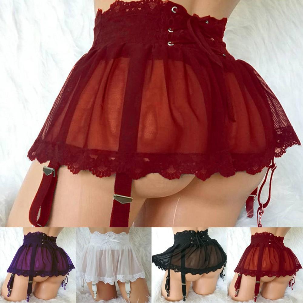 Women's Lace Skirt Garter Mesh Lingerie Underwear with High Waist All Sizes
