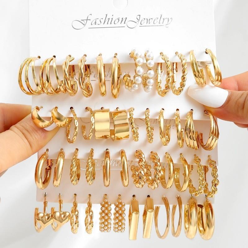 12/48pcs Bohemian Gold Color Metal Earrings Set For Women Fashion Pearl C-Shape Stud Earrings Daily Party Jewelry Festivals Gift