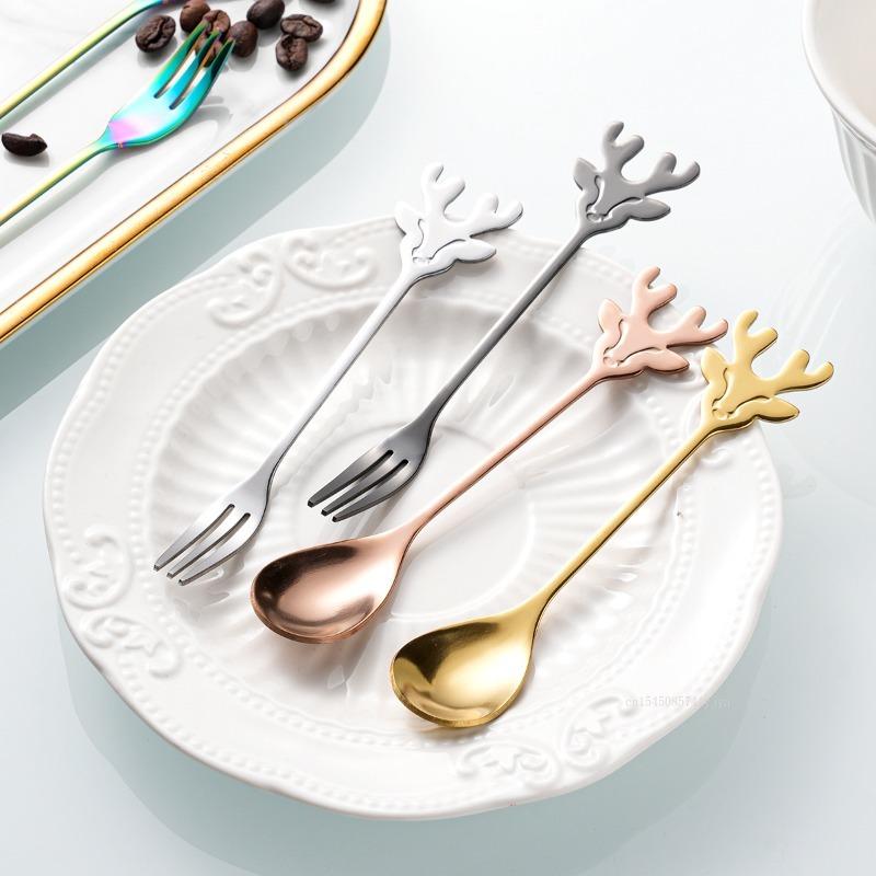 12cm 15cm Christmas Deer Spoon Fork Stainless Steel Coffee Stirring Spoon Tableware for Dessert Fruit Christmas Gift Home Decor