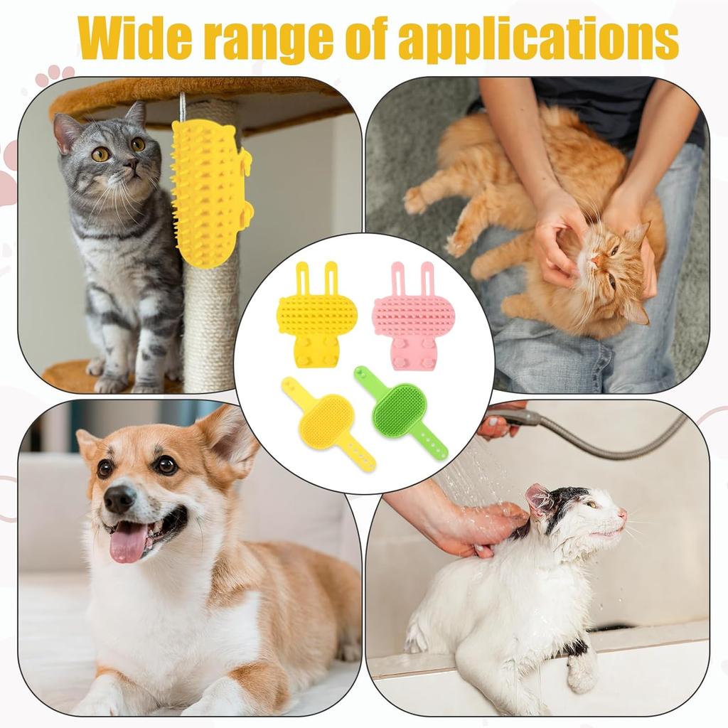 4 PCS Cat Self Groomer for Indoor Cats Silicone Grooming Strap Pad for Cats Adjustable & Soft Cat Massager(Green+Yellow+Pink)