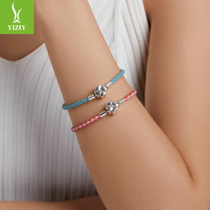 Gradual Change Four-Leaf Clover Leather Base Bracelet, Fashionable Diy925 Sterling Silver Woven Lucky Bracelet