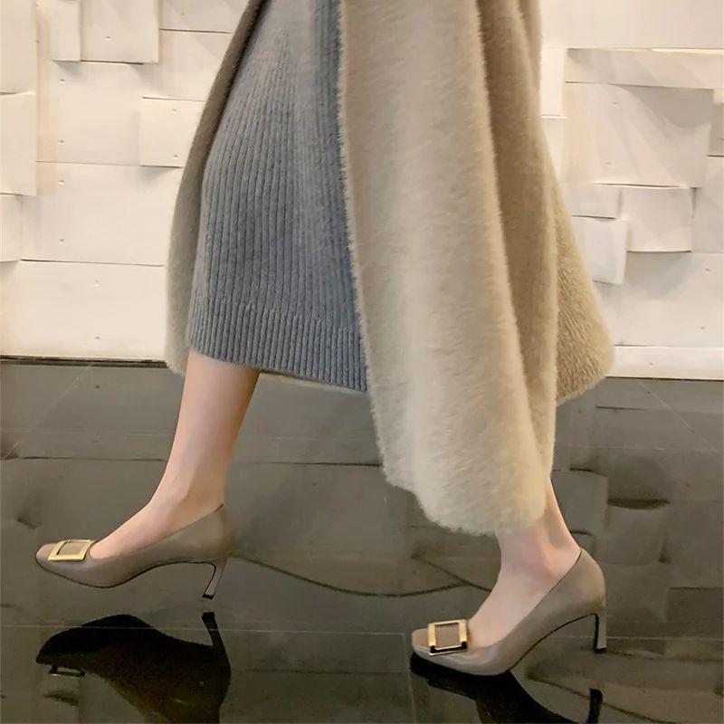 New Nude Color Thin High Heels Versatile Fashion Shallow Mouth Square Toe Metal Party Square Button Women's Single Shoes