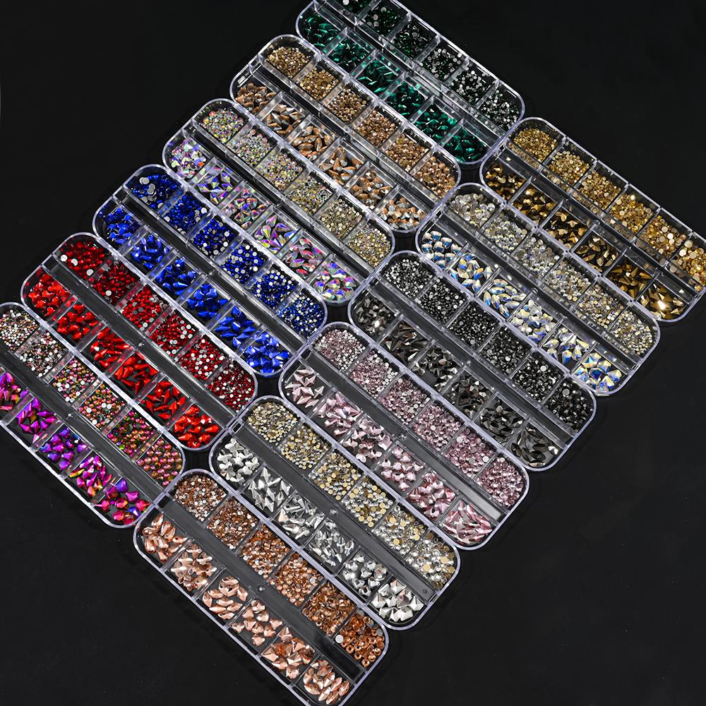 12 Grids Champagne Nail Art Rhinestone 2-6mm Flatback Glass Crystal Gems Hotfix Nail Diamond 720/1000pcs Mixed Sizes Nail Charms