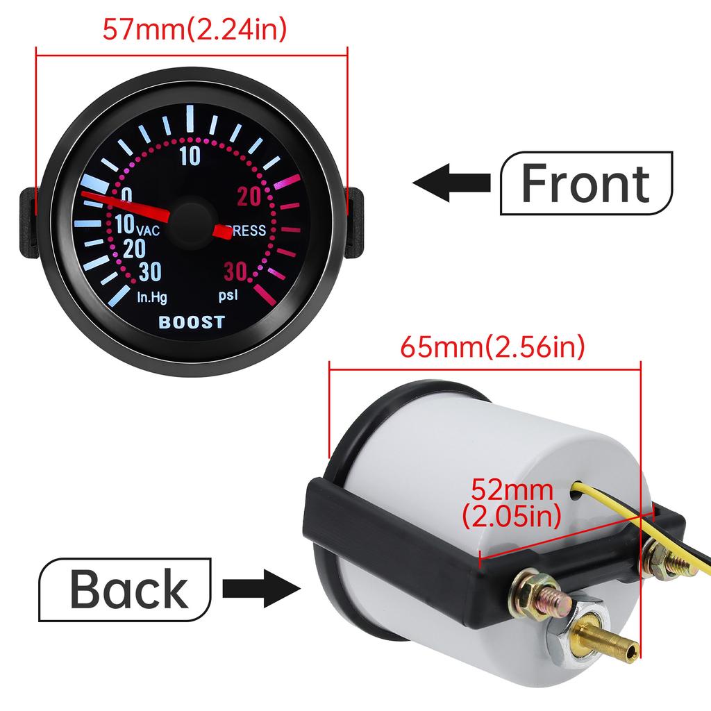 Turbo Boost Gauge -1 To 2 Bar -30-30 PSI In.Hg White LED Black Face 52mm Car Boost Meter with Sensor for Gasoline Racing Car 12V