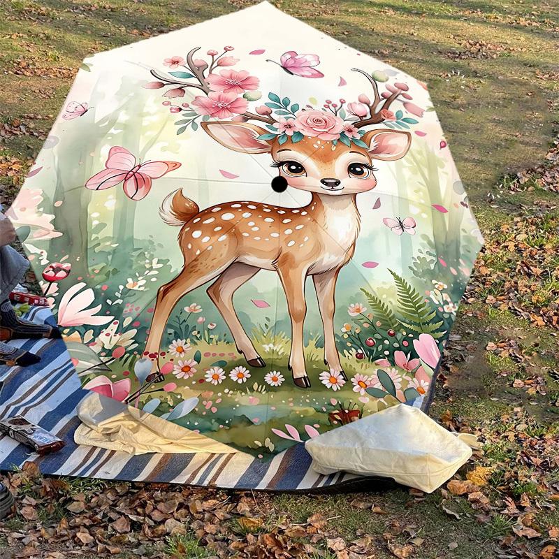 1PC Deer Flowers Umbrella-8-Rib Reinforced, Automatic Open, Lightweight & Durable, Fashion Accessory for Outdoor, H0355
