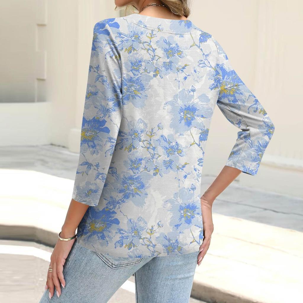 Women's Fashion Casual Printing Button-down Shirt 3/4 Long Sleeve Tops
