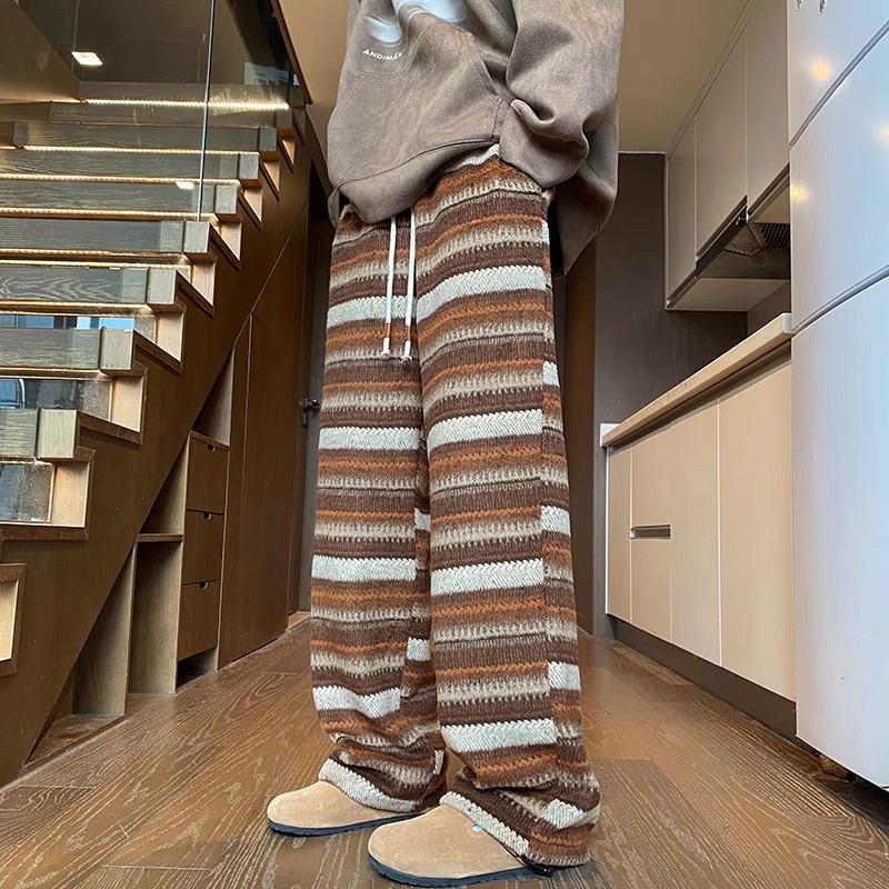 

Women s Retro Color Block Wool Pants - Autumn/Winter Loose Wide Leg Style XL коричневый