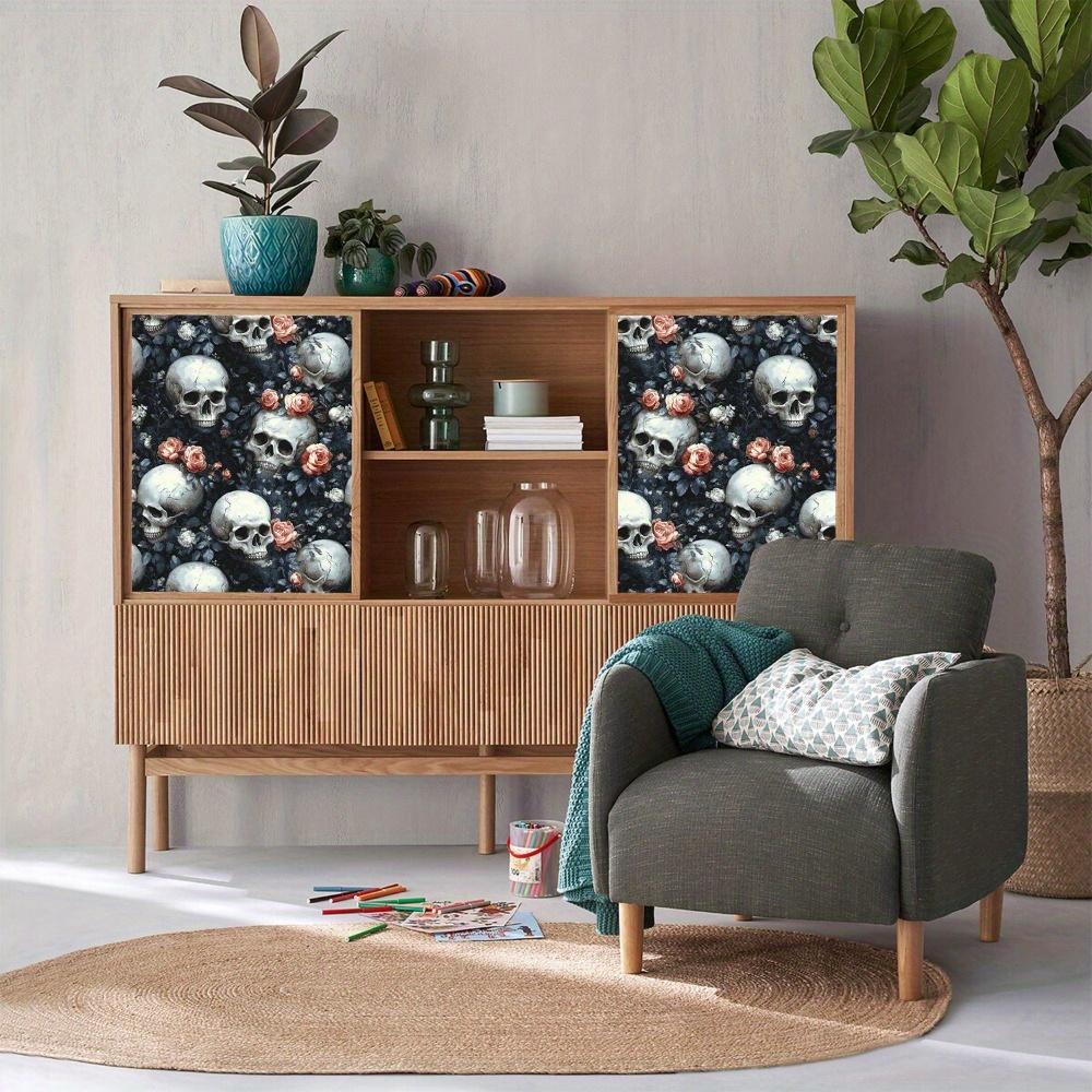 1roll Dark Style Skeleton Self-adhesive Wallpaper Waterproof Skull Floral Leaf Wallpaper Removable Wall Stickers for Living Room Furniture Restoration