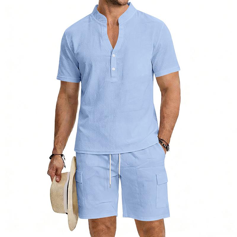 2026 European Men's Spring/Summer Casual Henley Shirt & Shorts Sportswear Set
