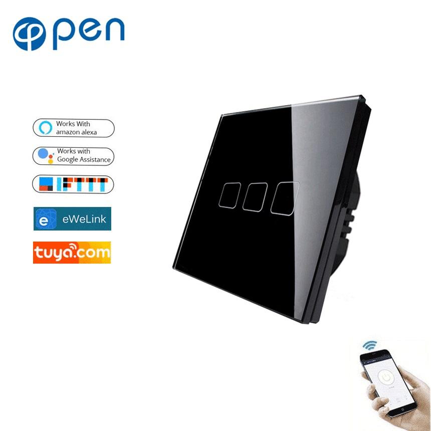 Open Electric EU Standard 3 Gang 1 Way Toughened Glass Panel Smart Home Remote Control Wifi Wall Light Touch Switch