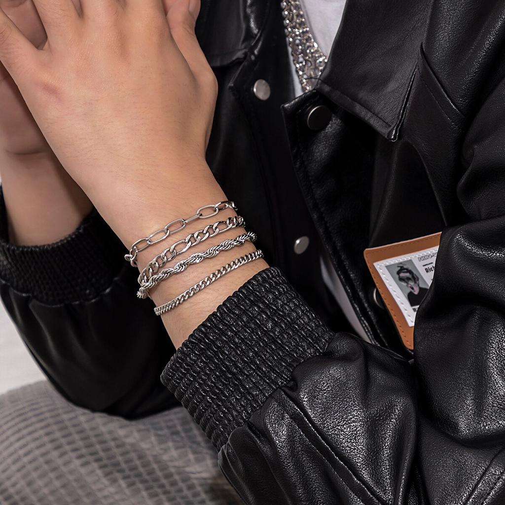4Pcs/Set Vintage Silver Color Twisted NK Chain Bracelets for Men Goth Cuban Adjustable Link Charm Bangles Couple Hand Jewelry