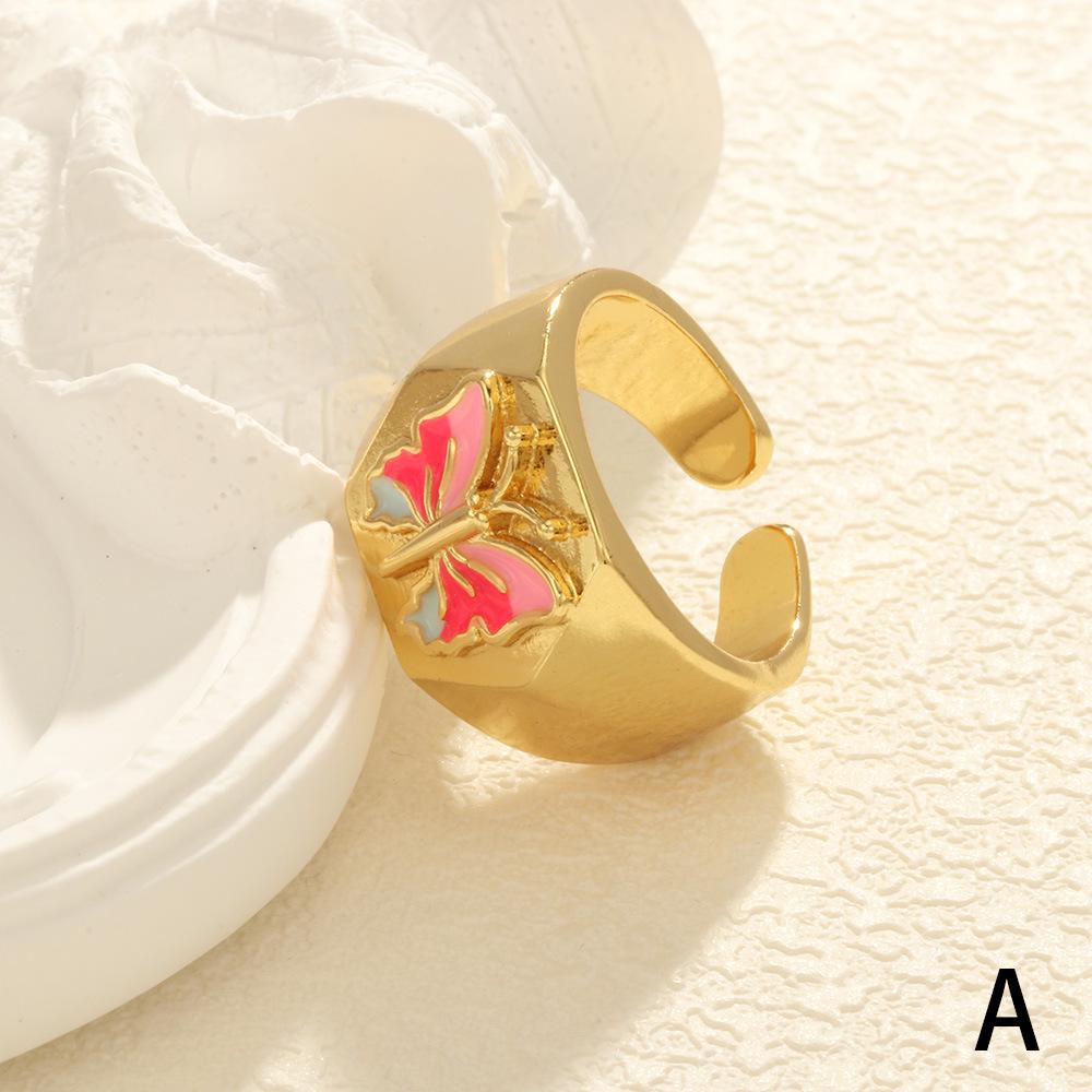 Copper-Plated 18K Gold Enamel Butterfly Adjustable Wide Band Ring for Women