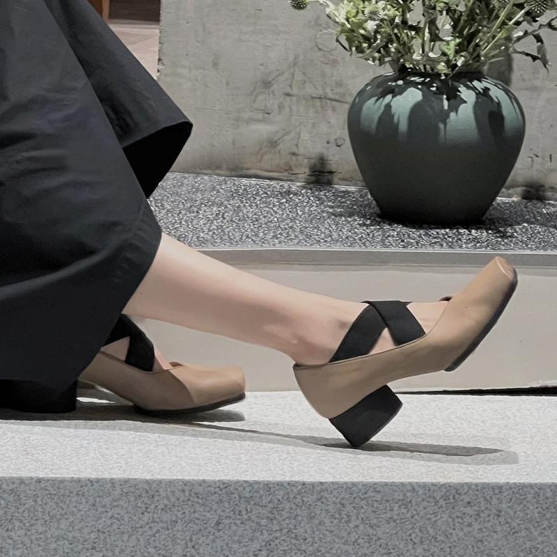 Sheepskin version~ Leather ballet shoes women's retro thick heel single shoes square head Mary Jane high heels