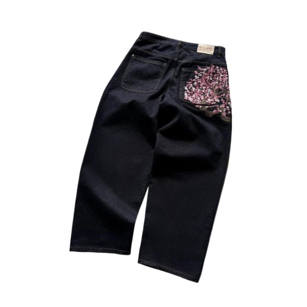 RogueWave Kirschblüten Selvedge Stickerei Denim Hose Y2k Retro Lässig Baggy Gerade Weites Bein Jeans Hohe Qualität Hiphop Streetwear