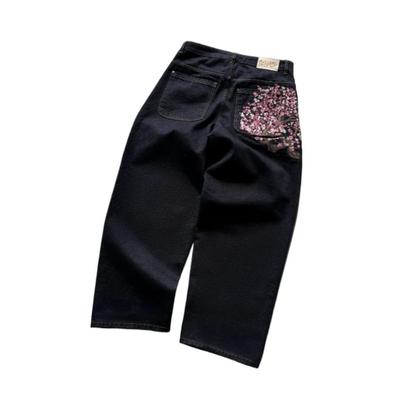 RogueWave Cherry Blossom Selvedge Embroidery Denim Pants Y2k Retro Casual Baggy Straight Wide Leg Jeans High Quality Hiphop Streetwear