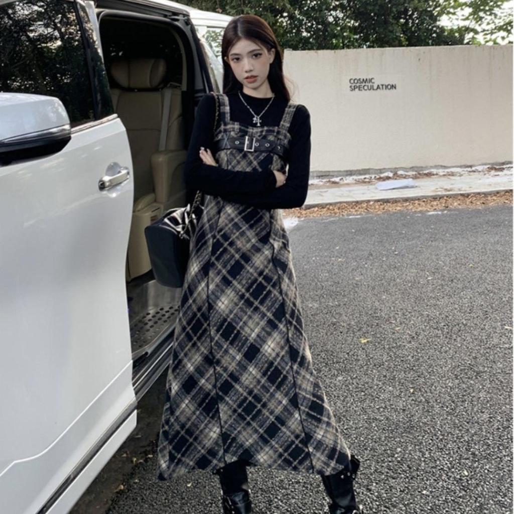 Retro French Plaid Strappy Dress with Long Sleeve Top Set