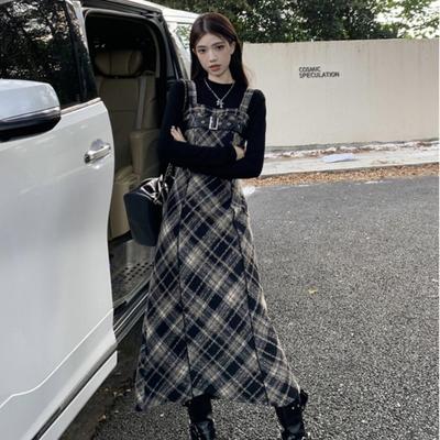 French Plaid Long Sling Dress Set with Black Long Sleeve Top - Retro Spring/Autumn Trendy Design