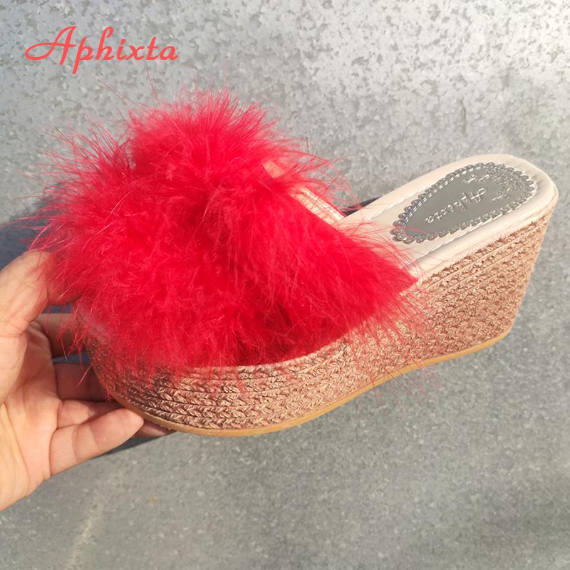 Fashion Aphixta Furry Green Wedge Platform Slides Women's Shoes 9cm Slippers Flip Flops Heels Shoes Beach Sandals Plus Size 43