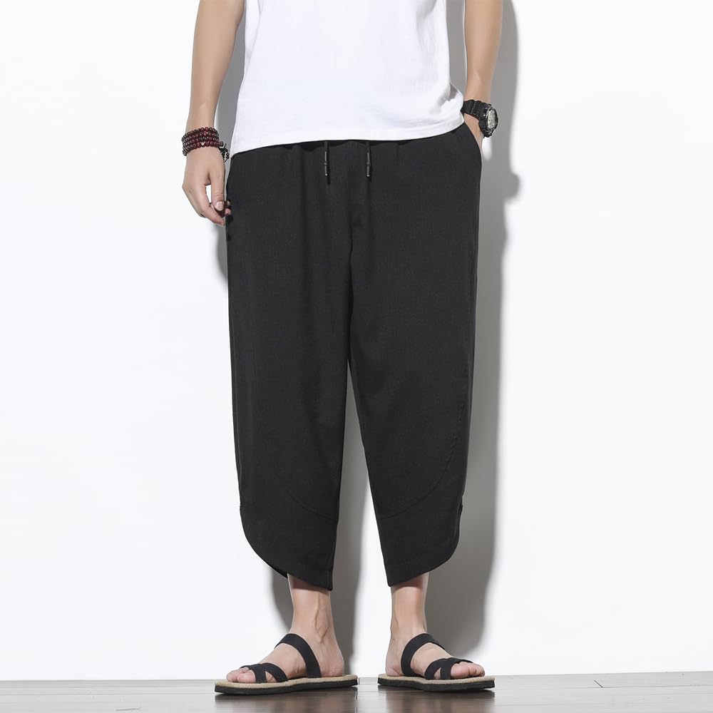 Aaronlive Summer Sarouel Aladdin Length Wide Leg Pants with Adjustable Plus Sizes Loose Linen Casual Pants for Spring and Size M Men's Pants, Pants,