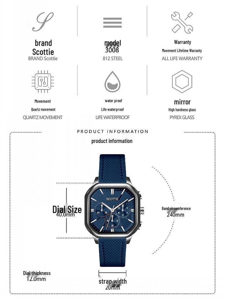 Deri Kayışlı ve Çok Fonksiyonlu Üç Gözlü Tasarımlı Trend Erkek Büyük Kadran Kare Saat