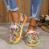 Fshion Spring Summer Lady's Ethnic Rainbow Canvas Shoes Autumn Loose Round Toe Color Print Lace Up Sneakers Ladies Flat Shoes