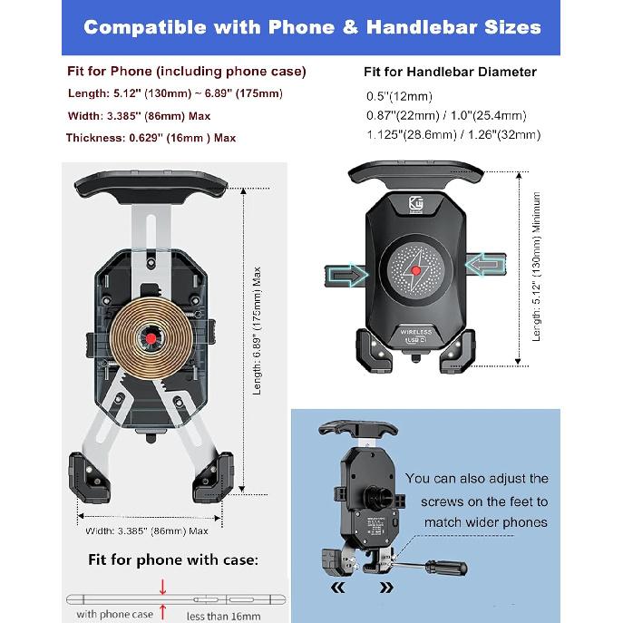 BRCOVAN Motorcycle Phone Mount Holder With Qi 15W Wireless Charger & PD/USB-C 20W Fast Charging Port, [1S Lock] Cellphone Cradle With Aluminum Alloy