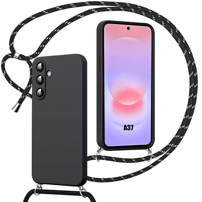 Coque pour Samsung Galaxy A37 5G, Antichoc Anti-Rayure Silicone avec Bandoulière - Noir