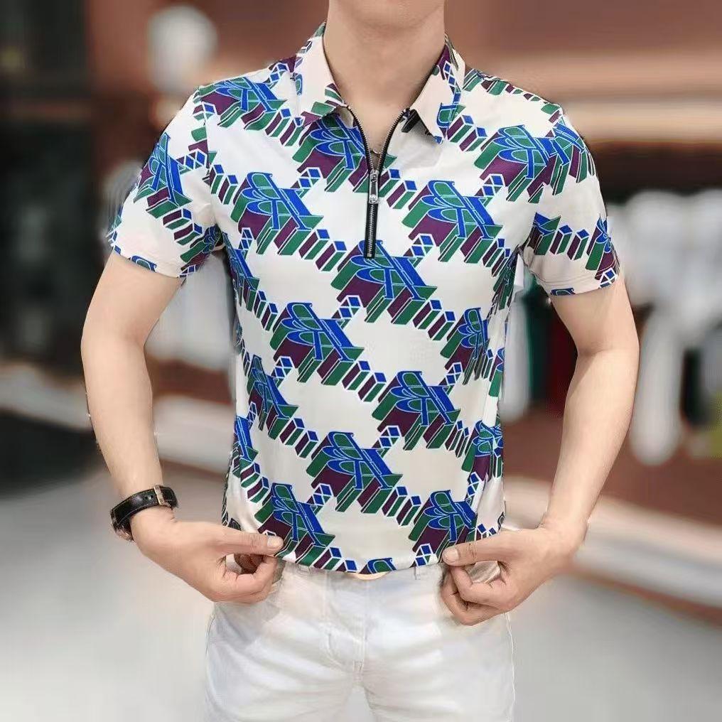 

Футболка премиум-класса 2025 Лето Новая Мужская Повседневная С Коротким Рукавом Полностью Цветочный Принт Не требующая глажки Облегающая Рубашка-поло с отложным воротником 4XL синий